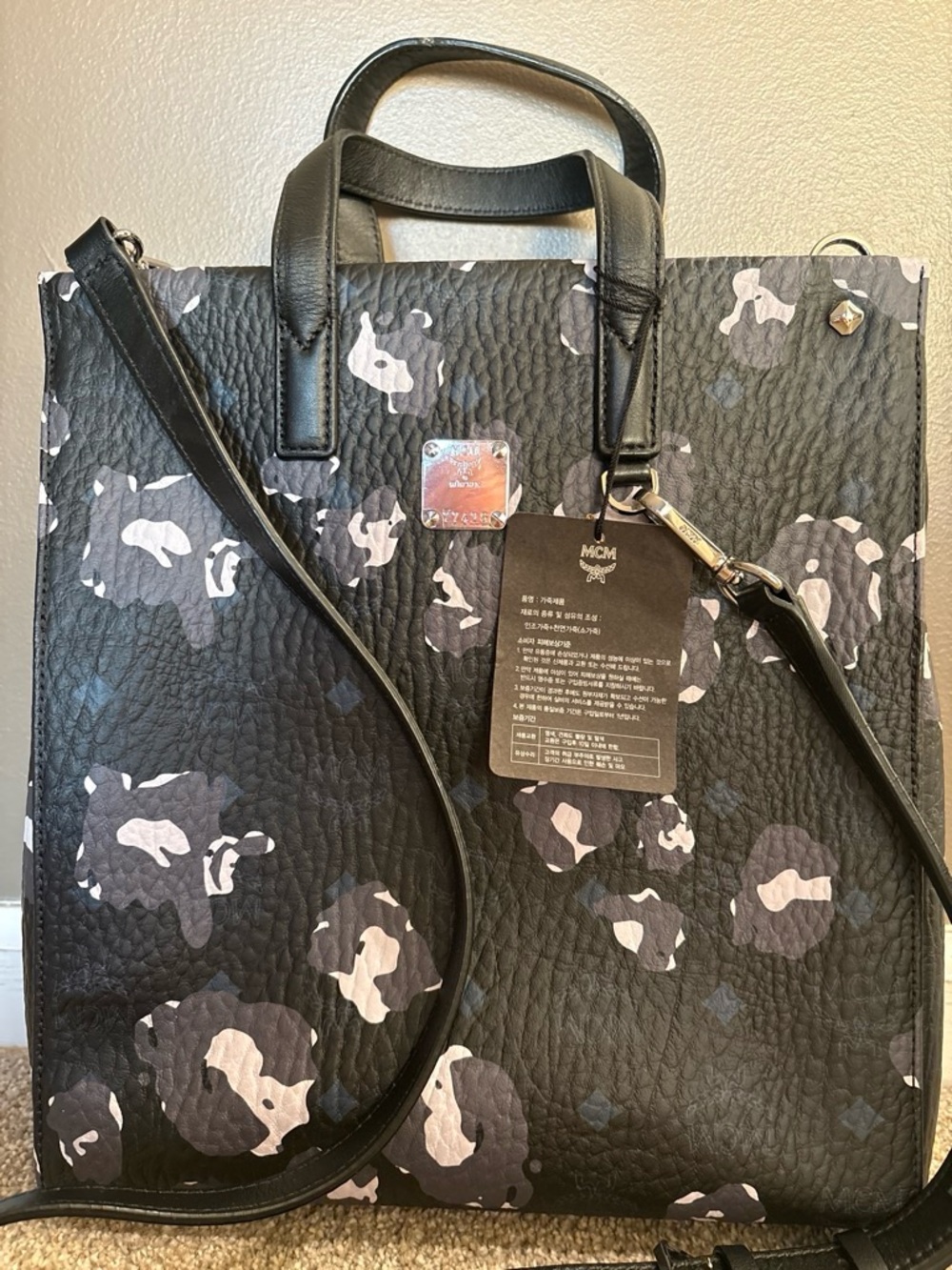 MCM Black Leather Camouflage Tote with Detachable Strap
